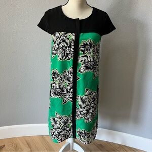 Emerald Green & Black Floral Print Anthropologie Maeve Ayame Silk Shift Dress